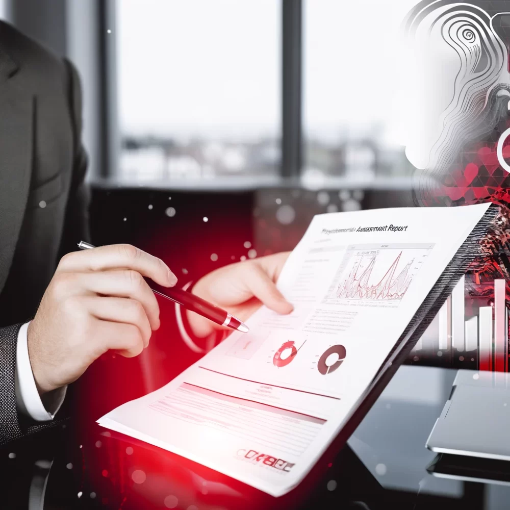 DALL·E 2024-05-30 12.23.47 - A digital image of a professional reading their psychometric assessment report in a modern office setting. The report is detailed, with graphs and cha